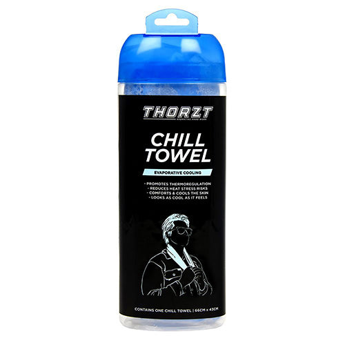 Thorzt Chill Skinz Cooling Towel, packaged in a blue and black bottle with a blue lid, designed for instant cooling relief. Ideal for safety-conscious environments, enhancing comfort in active, warm settings.