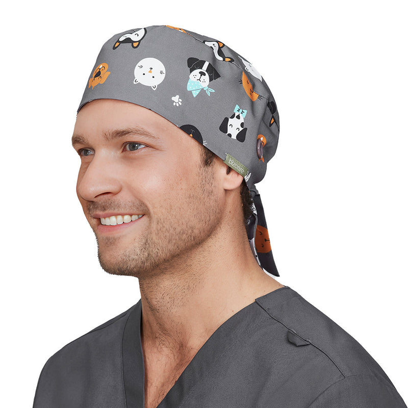 Load image into Gallery viewer, Biz Unisex Printed Scrub Cap made from 100% cotton, featuring an elastic back for easy fit over buns and side buttons for mask attachment, ideal for comfort in active safety environments.