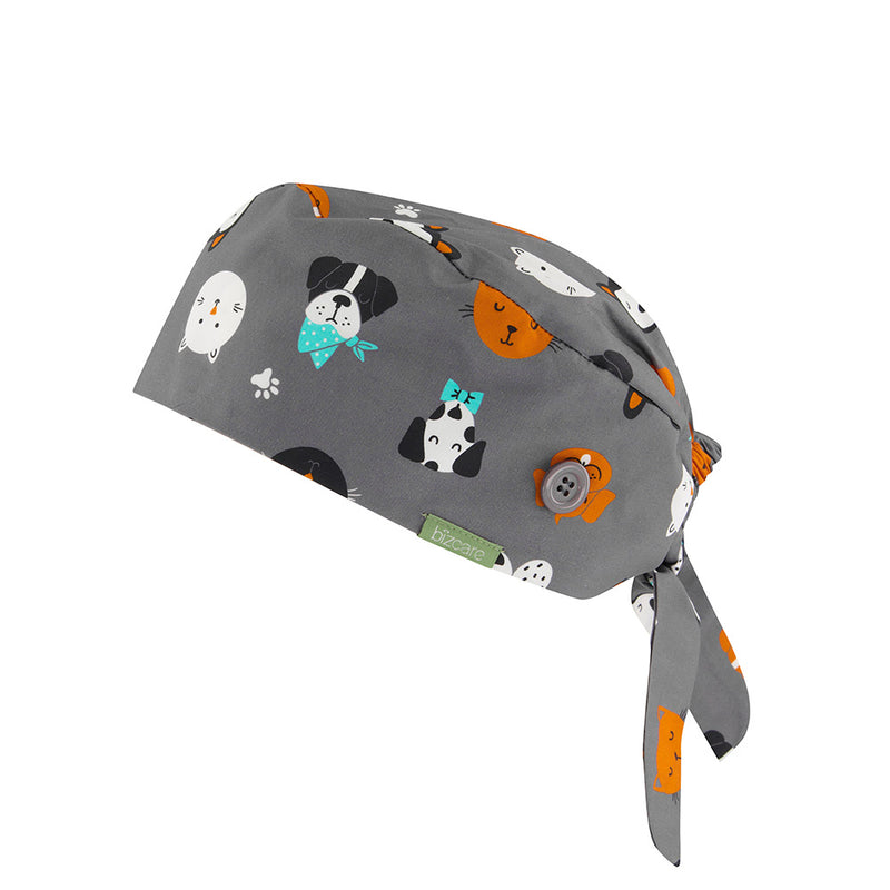 Load image into Gallery viewer, Biz Unisex Printed Scrub Cap, crafted from breathable 100% cotton, features an elastic back for snug fit over buns and side buttons for mask attachment, ensuring comfort and convenience in workplace settings.