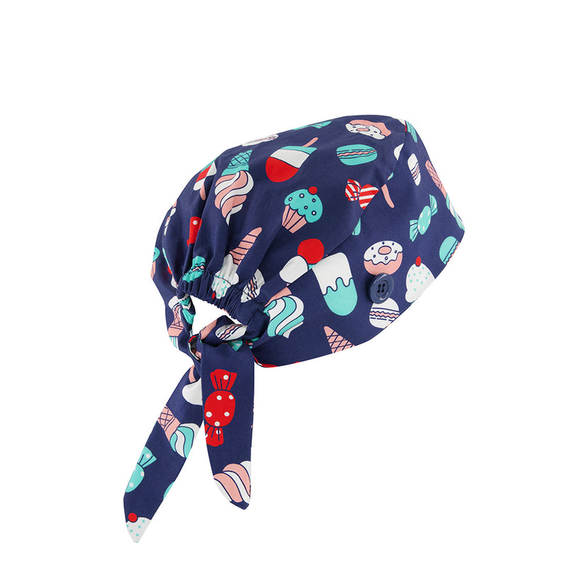Load image into Gallery viewer, Biz Unisex Printed Scrub Cap made from 100% cotton, featuring an elastic back for easy fitting over buns or ponytails, and side buttons designed for comfortable mask wearing, ideal for workplace use.