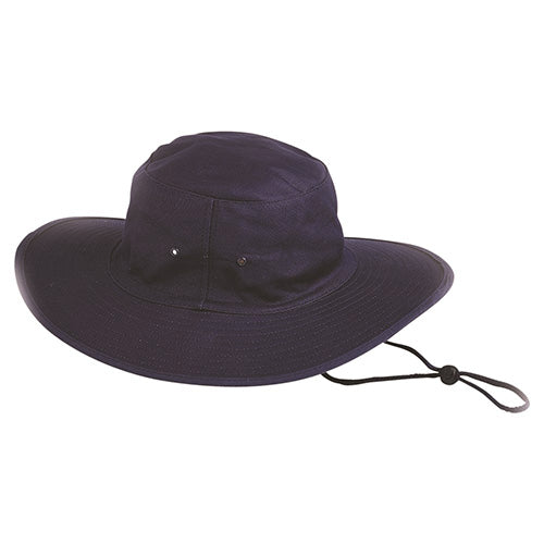 Pro Poly/Cotton Sun Hat with a wide brim, adjustable chin strap, and breakaway clip for safety, ideal for sun protection in safety-focused environments.