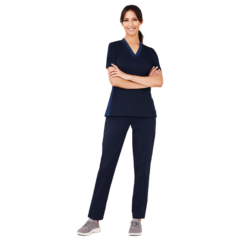 Load image into Gallery viewer, Biz Womens Riley Straight Leg Scrub Pant showcased on a standing woman, highlighting its functional design with utility loops and cargo pockets, emphasizing comfort and practicality for healthcare professionals.