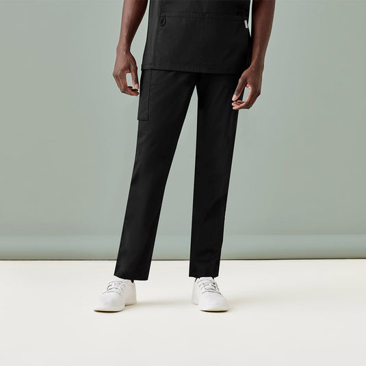 Biz Mens Riley Straight Leg Scrub Pant designed for healthcare, features durable, soft cotton-rich fabric, utility loops, cargo pockets with back gusset, and yoga-style waistband, ideal for demanding work environments.
