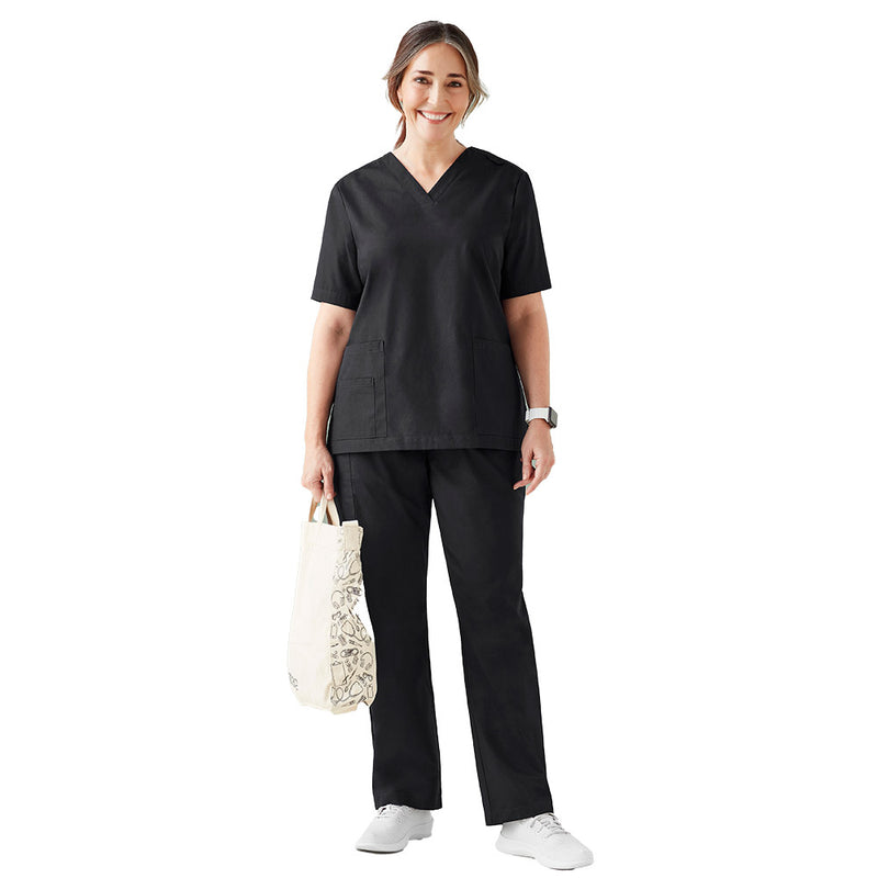 Load image into Gallery viewer, Biz Womens Tokyo Scrub Pant showcased by a woman in black scrubs, featuring a tailored straight leg and cargo pocket, designed with SILVERPLUS® technology for enhanced hygiene and comfort.