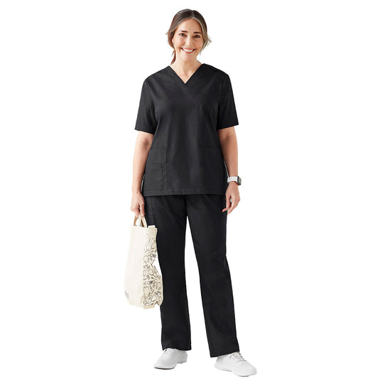Biz Womens Tokyo Scrub Pant showcased by a woman in black scrubs, featuring a tailored straight leg and cargo pocket, designed with SILVERPLUS® technology for enhanced hygiene and comfort.
