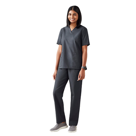 Biz Womens Tokyo Scrub Pant featuring a traditional straight leg style, slightly tailored from the knee down. Includes a full elastic waistband with drawstring, cargo style patch pocket, and antibacterial treatment.