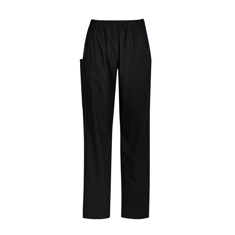 Load image into Gallery viewer, Biz Womens Tokyo Scrub Pant featuring a black cargo style with left leg patch pocket, full elastic waistband, and tailored straight leg design, ideal for professional use in safety and uniform settings.