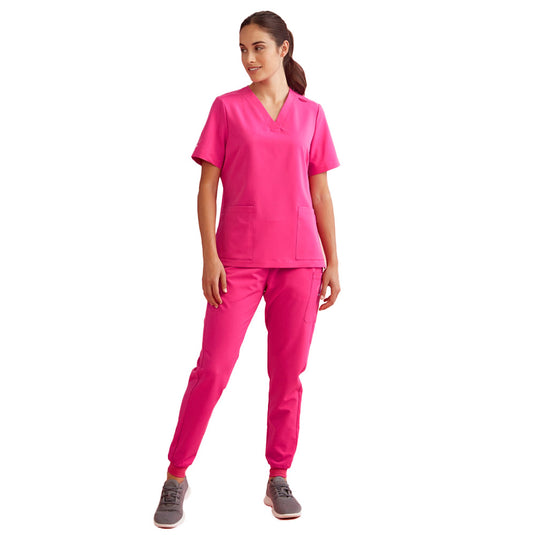 Biz Womens Pink Jogger Scrub Pant featuring modern jogger style, pink ribbon embroidery on cargo pocket, and multiple functional pockets, ideal for demanding environments, supporting Australia National Breast Cancer Foundation with each purchase.