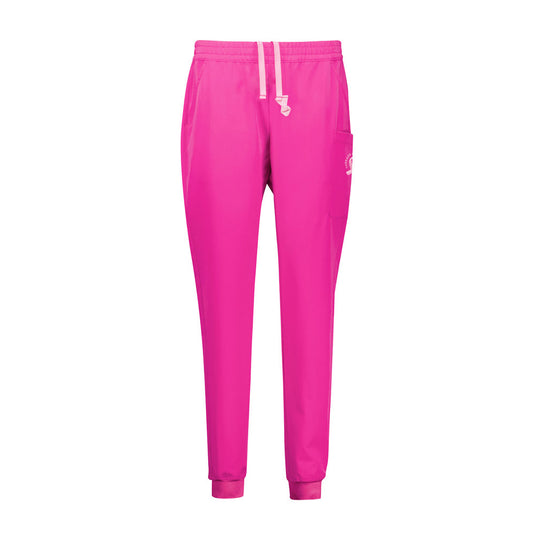 Biz Womens Pink Jogger Scrub Pant in a modern style with light pink internal draw cord, multiple pockets, and pink ribbon embroidery, designed for comfort and ease in demanding environments.