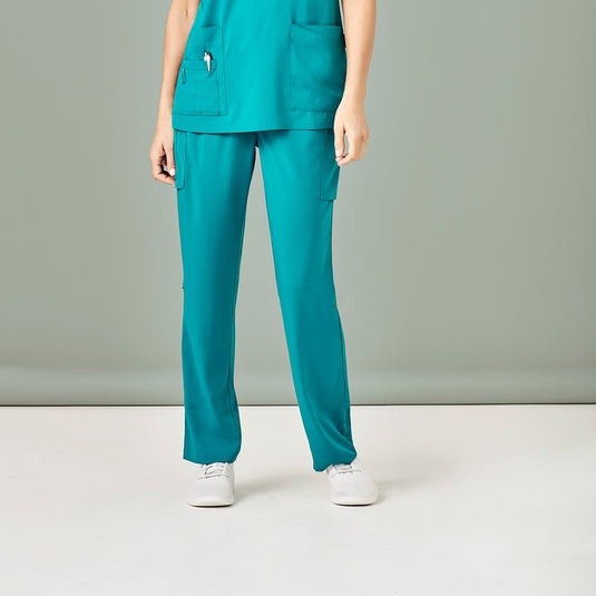 Biz Womens Avery Straight Leg Scrub Pant, designed for comfort and durability, features multiple functional pockets, utility loops, and an elastic waist. Ideal for professional settings requiring high-performance workwear from Active Safety.