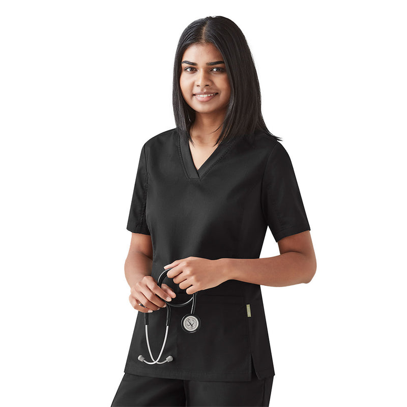 Load image into Gallery viewer, Biz Womens Riley Stretch Scrub Top designed for comfort during long shifts, features tailored fit, deep front pockets, utility loops, and stretch panels for movement, ideal for healthcare professionals.