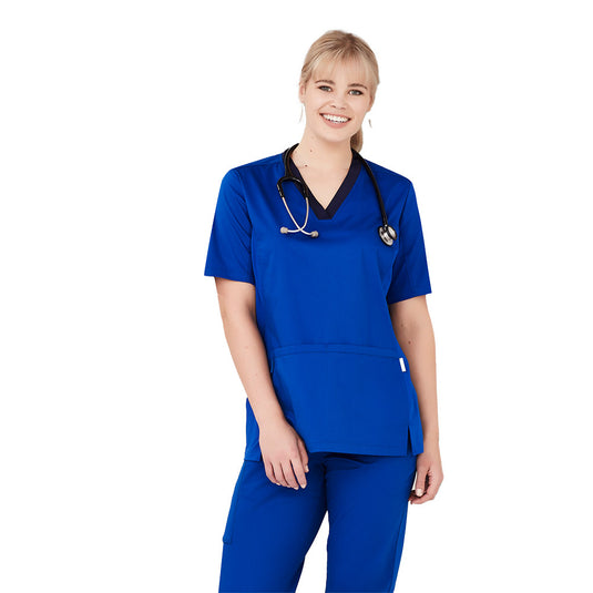 Biz Womens Riley Stretch Scrub Top featuring tailored fit with princess seams, stretch side panels for movement, deep front pockets, utility loops, and a bungee loop, designed for comfort during long shifts.