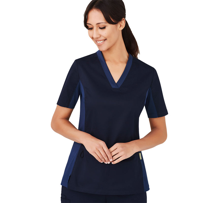 Load image into Gallery viewer, Biz Womens Riley Stretch Scrub Top designed for healthcare, features tailored fit, front pockets, utility loops, and stretch panels for comfort and mobility, ideal for demanding work environments.