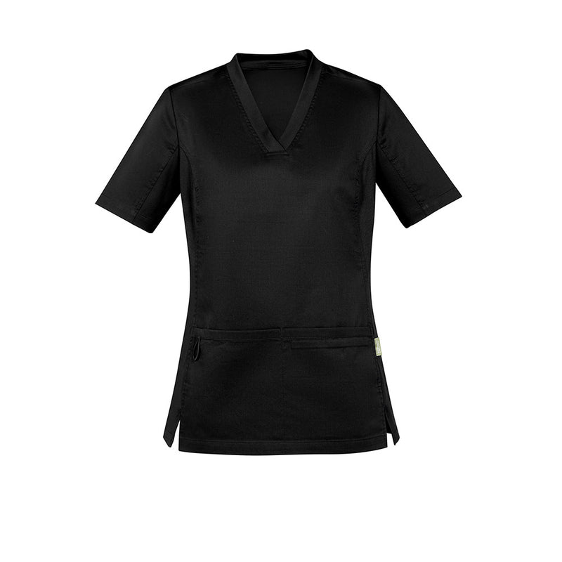 Load image into Gallery viewer, Biz Womens Riley Stretch Scrub Top, tailored for healthcare with soft cotton-rich fabric and stretch panels. Features include deep front pockets, utility loops, bungee loop, and functional side splits for movement.