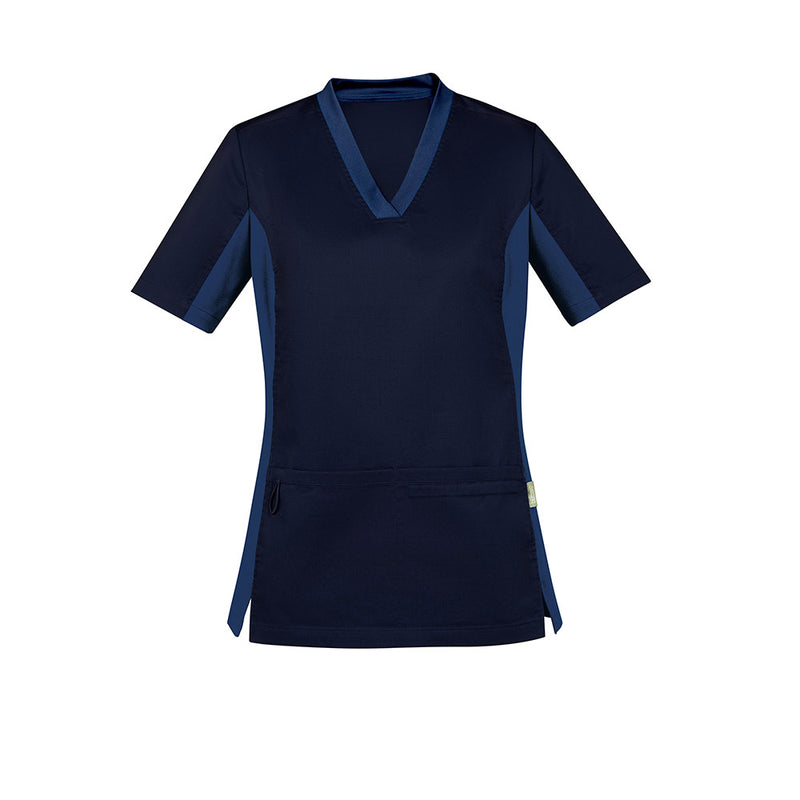 Load image into Gallery viewer, Biz Womens Riley Stretch Scrub Top; tailored fit with princess seams, utility loops, and bungee loop. Features deep front pockets and stretch panels for comfort, ideal for healthcare professionals in active environments.