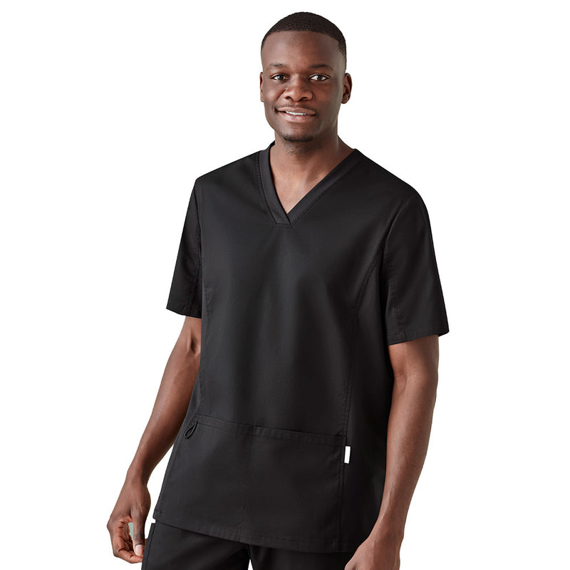 Load image into Gallery viewer, Biz Mens Riley Stretch Scrub Top, worn by a man, features a tailored fit with stretch side panels for enhanced movement. Designed for comfort, it includes deep pockets and utility loops, ideal for healthcare professionals.