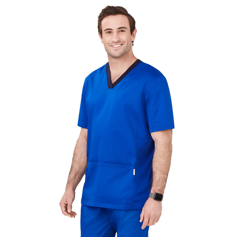 Load image into Gallery viewer, Biz Mens Riley Stretch Scrub Top worn by a smiling man, showcasing its tailored fit and utility features like deep front pockets and utility loops, ideal for healthcare professionals seeking comfort and durability.