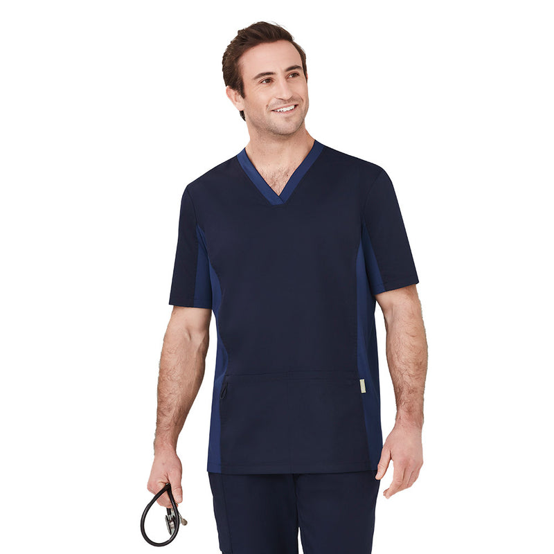 Load image into Gallery viewer, Biz Mens Riley Stretch Scrub Top shown on a man, featuring a modern tailored fit with stretch side panels for comfort and movement, ideal for healthcare professionals during long shifts.