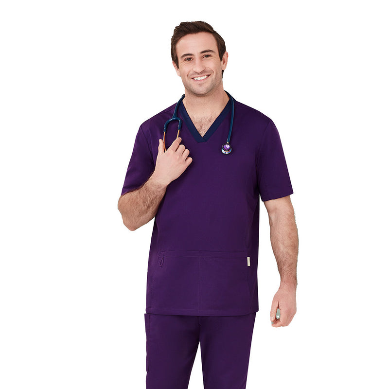 Load image into Gallery viewer, Biz Mens Riley Stretch Scrub Top showcased on a man, highlighting tailored fit and utility loops, ideal for healthcare professionals. Features visible include a stethoscope and deep front pockets, emphasizing comfort and functionality.