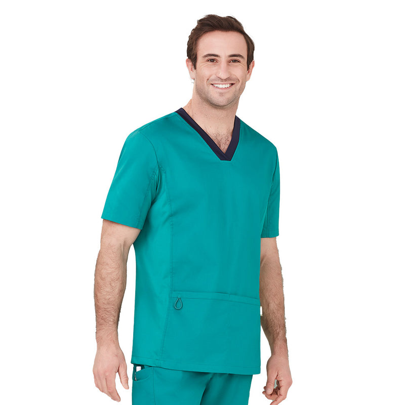 Load image into Gallery viewer, Biz Mens Riley Stretch Scrub Top worn by a man, showcasing its tailored fit and utility features. Designed for comfort and durability in healthcare settings, perfect for demanding work environments.