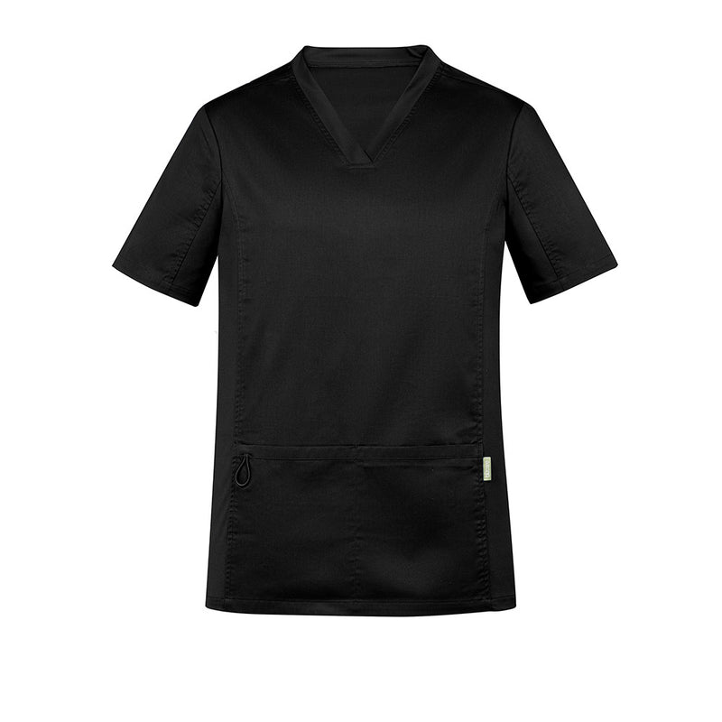 Load image into Gallery viewer, Biz Mens Riley Stretch Scrub Top with a black v-neck design, featuring two deep front pockets and stretch side panels for added comfort, perfectly suited for active and demanding work environments.