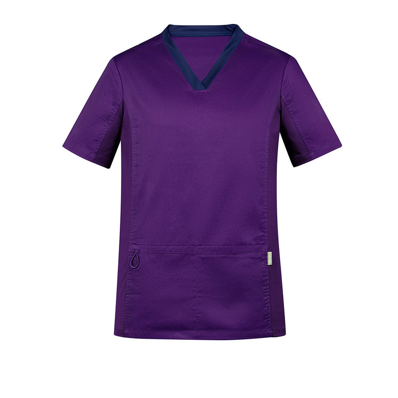 Load image into Gallery viewer, Biz Mens Riley Stretch Scrub Top with blue trim, featuring a V-neck and tailored fit, designed for comfort and movement with stretch side panels, bar-tacked stress points, and utility loops.