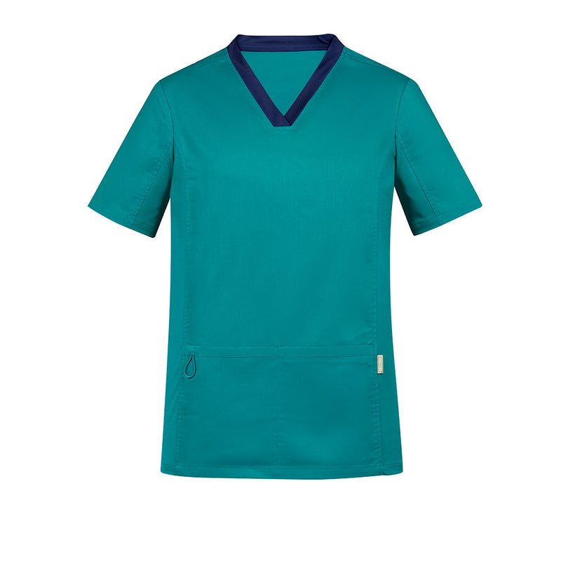 Load image into Gallery viewer, Biz Mens Riley Stretch Scrub Top featuring a tailored fit with stretch side panels for enhanced movement. Designed for comfort during long shifts, it includes utility loops and deep front pockets for practicality.