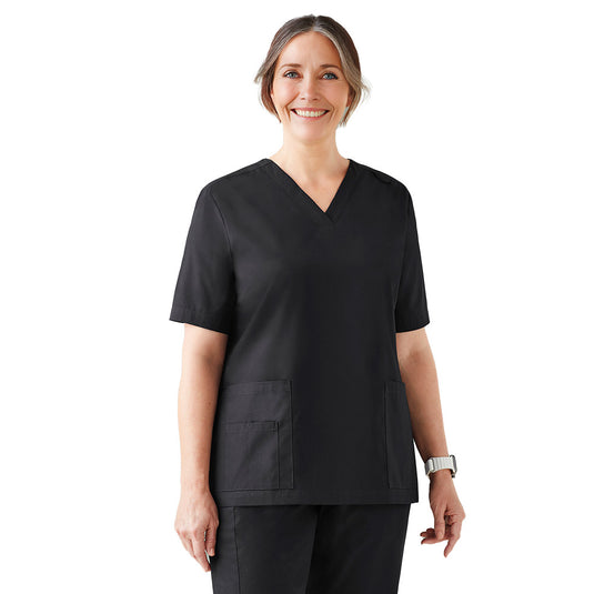Biz Womens Tokyo Scrub Top featuring antimicrobial SilverPlus® technology, V-neck design, ID badge loop, durable deep patch pockets, and bar-tacked stress points for enhanced durability and odor control.