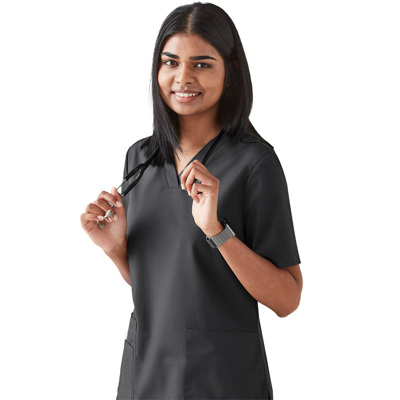 Load image into Gallery viewer, Biz Womens Tokyo Scrub Top showcasing antimicrobial SILVERPLUS® technology, featuring a V-neck, ID badge loop, durable cargo pockets, and side splits, designed for everyday functionality and durability in active work environments.