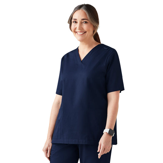 Biz Womens Tokyo Scrub Top featuring a traditional V-neck, slightly tapered fit, antimicrobial SILVERPLUS® treatment, ID badge loop, cargo-style pockets, and side splits for functionality and durability in workplace settings.