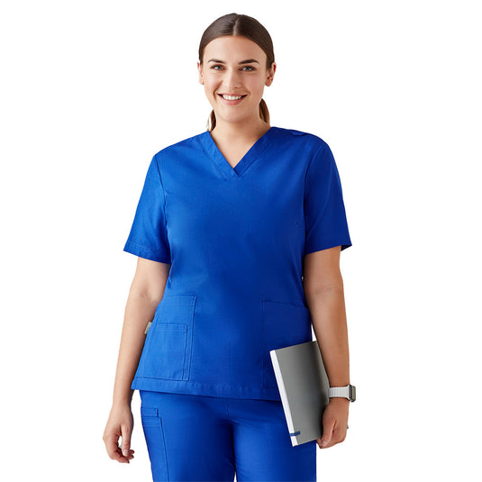 Biz Womens Tokyo Scrub Top featuring antimicrobial SILVERPLUS® treatment, V-neck, durable cargo-style pockets, ID badge loop, and tapered fit, designed for daily use in professional safety and work environments.