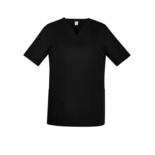 Biz Womens Tokyo Scrub Top featuring antimicrobial SILVERPLUS® treatment, V-neck design, ID badge loop, deep cargo pockets, and side splits, tailored for functionality and durability in active safety environments.