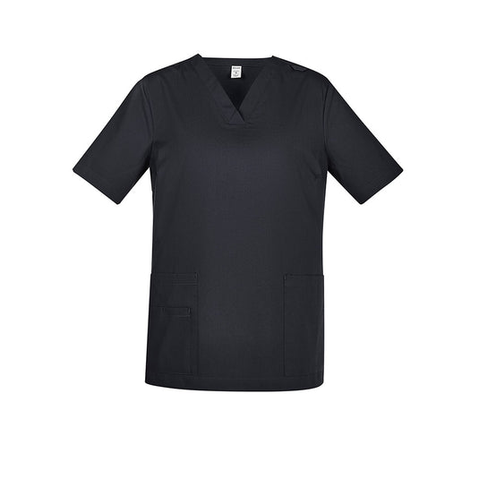 Biz Womens Tokyo Scrub Top featuring a traditional V-neck, side splits, and durable cargo pockets. Enhanced with SilverPlus® antibacterial treatment, it offers odor control and durability, ideal for workplace safety and comfort.