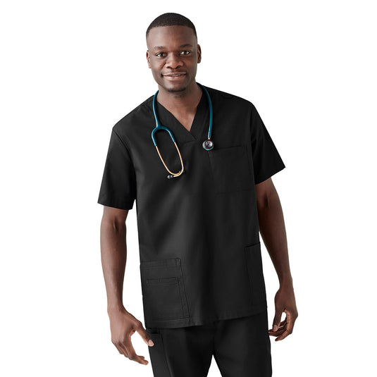 Biz Mens Tokyo Scrub Top worn by a man, featuring a stethoscope, traditional V-neck design, durable patch pockets, and antimicrobial SILVERPLUS® technology for odour control, suitable for everyday professional use.