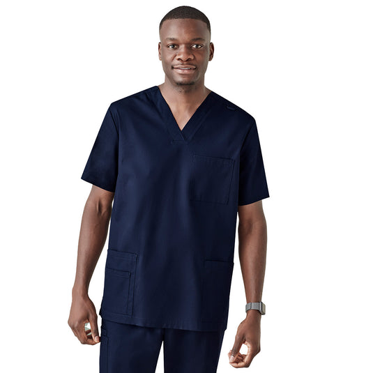 Biz Mens Tokyo Scrub Top featuring a traditional V-neck, durable patch pockets, and an ID badge loop, worn by a man. Ideal for daily wear with SilverPlus® antimicrobial treatment for odor control.