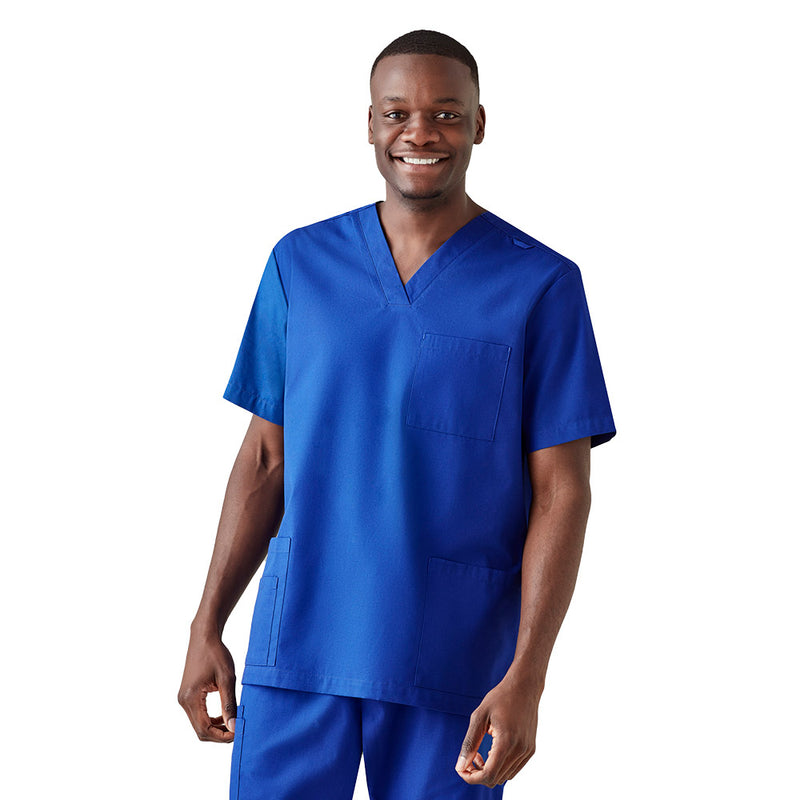 Load image into Gallery viewer, Biz Mens Tokyo Scrub Top worn by a man, showcasing its V-neck design, chest pocket, and durable deep patch pockets, ideal for professional, everyday use with antimicrobial SILVERPLUS® treatment.