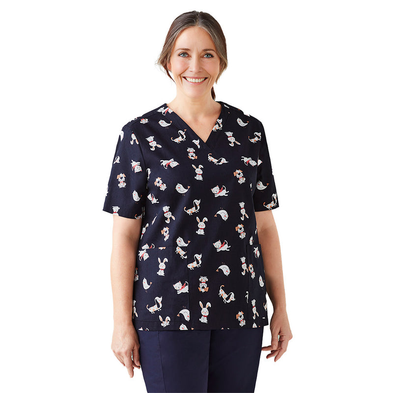 Load image into Gallery viewer, Biz Womens Best Friends Scrub Top with a playful yet subtle print, featuring two patch pockets, side split, and traditional V-neck. Ideal for professionals seeking comfort and style in their workwear.