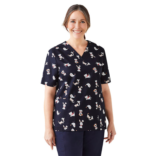 Biz Womens Best Friends Scrub Top with a playful yet subtle print, featuring two patch pockets, side split, and traditional V-neck. Ideal for professionals seeking comfort and style in their workwear.