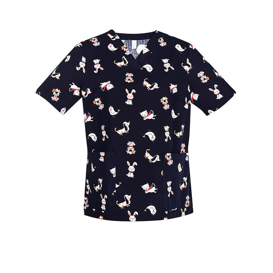 Biz Womens Best Friends Scrub Top with a subtle print, featuring a traditional V-neck, two patch pockets, and side splits, designed for professionals seeking a fun yet professional wardrobe addition.