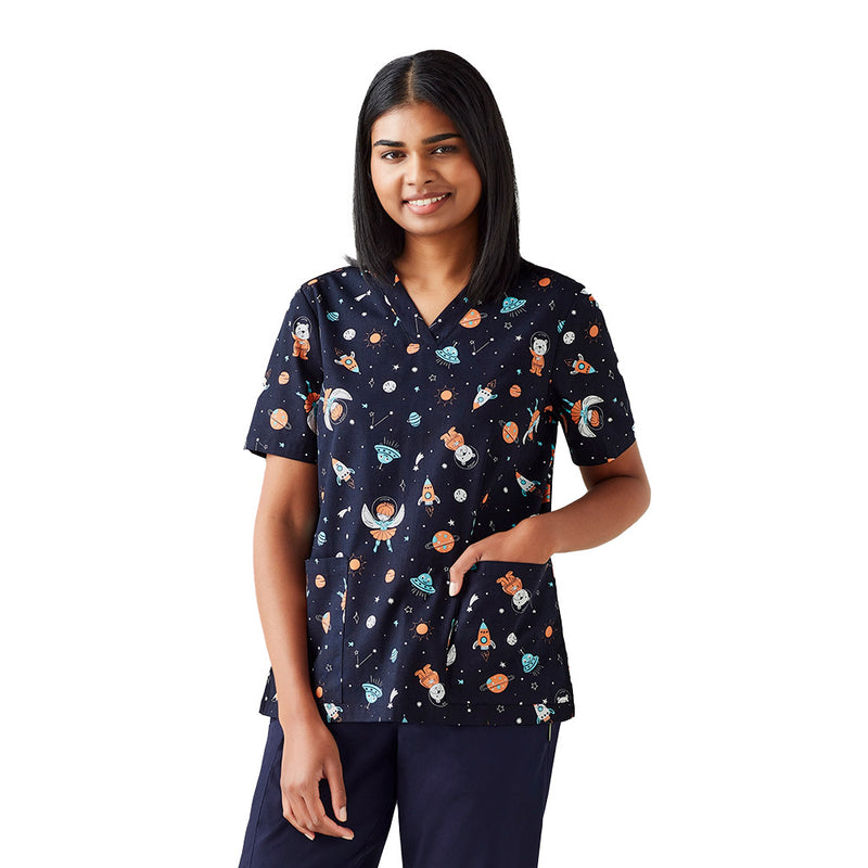 Load image into Gallery viewer, Biz Womens Printed Space Party Scrub Top featuring a subtle, fun print on a Midnight Navy base with two patch pockets and a traditional V-neck, ideal for professional yet playful workwear.