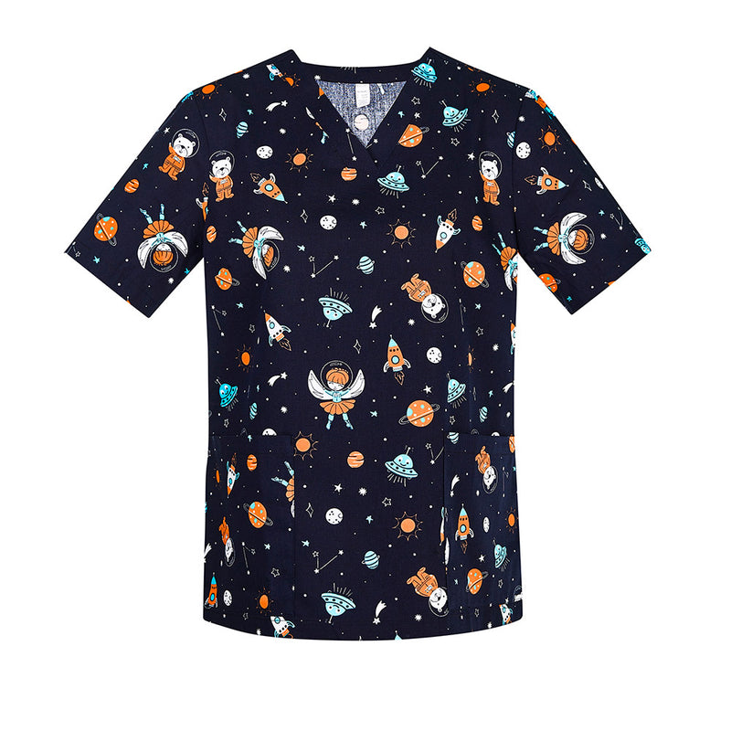 Load image into Gallery viewer, Biz Womens Printed Space Party Scrub Top features a subtle, playful print on a Midnight Navy base with a traditional V-neck, two patch pockets, and side split, ideal for professionals seeking comfortable, stylish workwear.