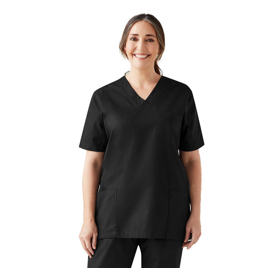 Biz Hartwell Unisex Reversible Scrub Top worn by a woman, showcasing its practical design with front patch pockets and chest pocket, ideal for industrial washing and suitable for commercial laundromats.