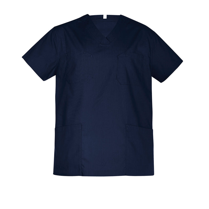 Load image into Gallery viewer, Biz Hartwell Unisex Reversible Scrub Top featuring a close-up view of its practical chest pocket and side splits, designed for durability and industrial washing, ideal for commercial laundromat use.