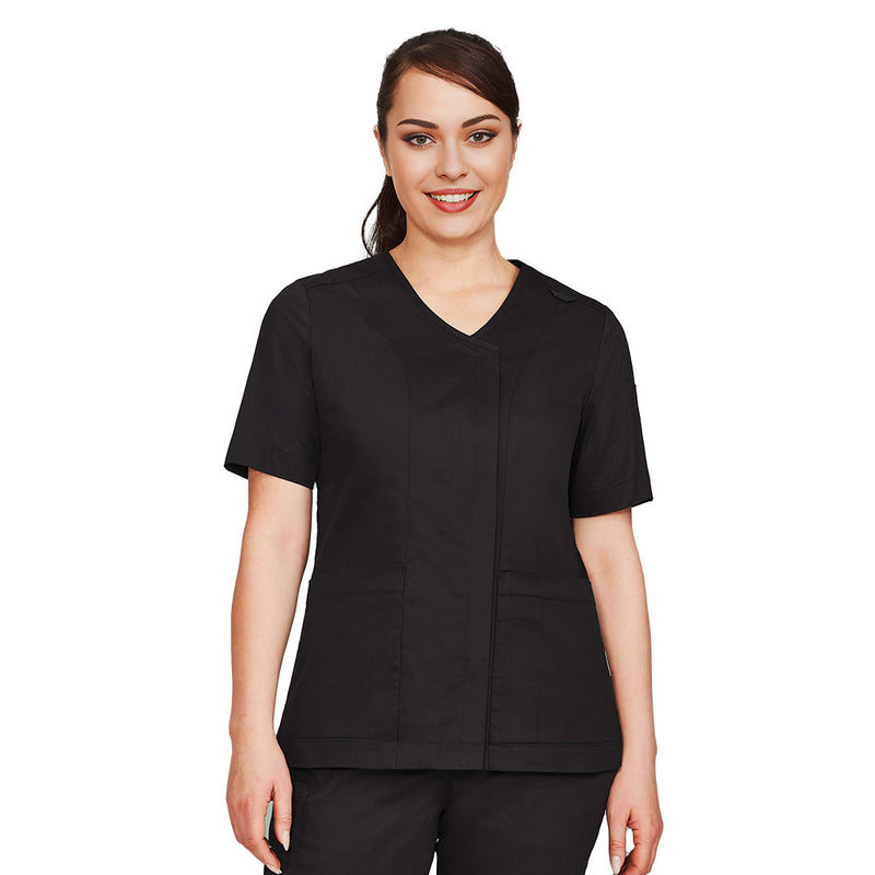 Load image into Gallery viewer, Biz Womens Parks Zip Front Crossover Scrub Top in cotton-rich fabric with antibacterial treatment, featuring a durable zip front, side splits, and key loop, ideal for health and beauty professionals seeking functional workwear.