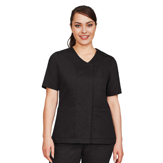 Biz Womens Parks Zip Front Crossover Scrub Top in cotton-rich fabric with antibacterial treatment, featuring a durable zip front, side splits, and key loop, ideal for health and beauty professionals seeking functional workwear.