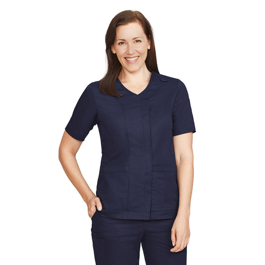 Biz Womens Parks Zip Front Crossover Scrub Top with a full zip front, side splits, and key loop on the shoulder, designed for health professionals. Durable, antibacterial fabric ensures comfort and flexibility.