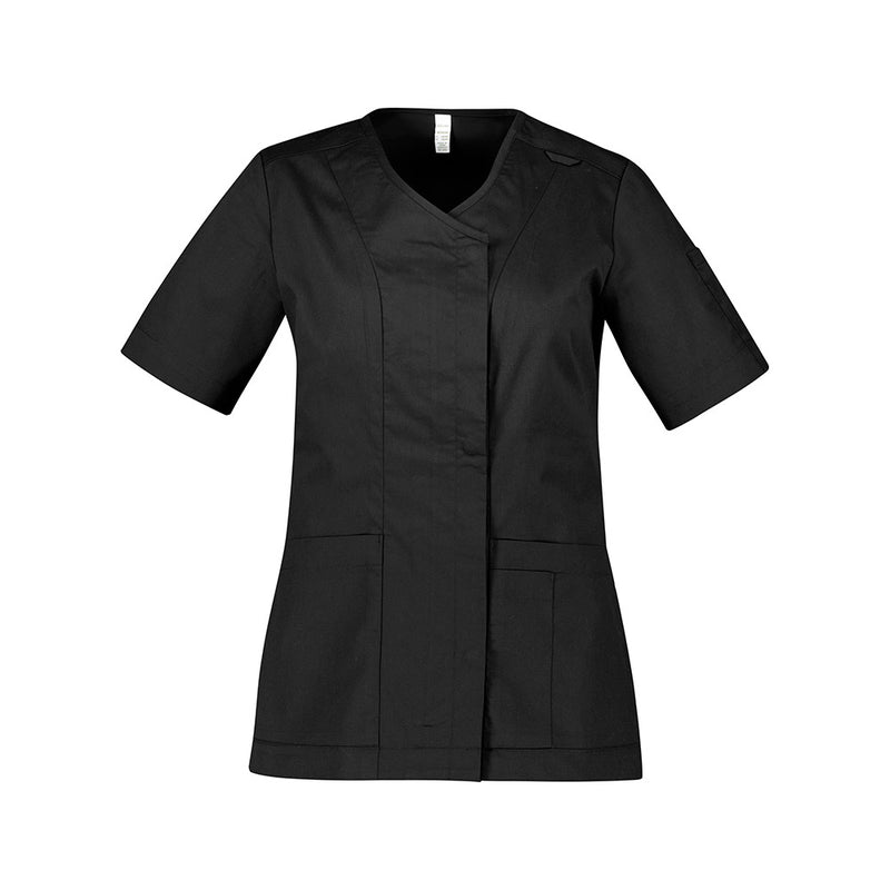 Load image into Gallery viewer, Biz Womens Parks Zip Front Crossover Scrub Top featuring a durable zip front, side splits, and pen pockets. Designed with antibacterial cotton-rich fabric, ideal for health and beauty professionals requiring comfort and functionality.