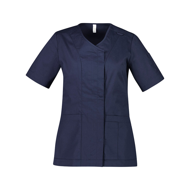 Load image into Gallery viewer, Biz Womens Parks Zip Front Crossover Scrub Top featuring a durable zip and press studs, key loop on the shoulder, and pen pockets on the sleeve, designed for health and beauty professionals.