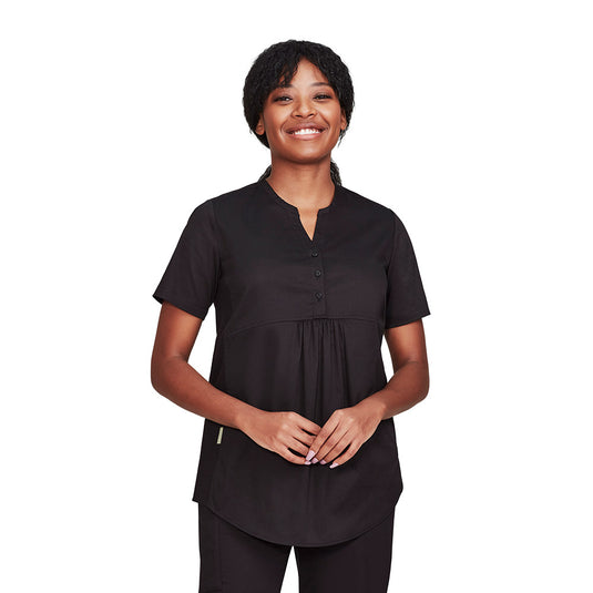 Biz Womens Rose Tunic Scrub Top in cotton-rich fabric with stretch panels, featuring a longer curved hem, side pockets, and antibacterial treatment, ideal for maternity or relaxed fit, emphasizing comfort and durability.