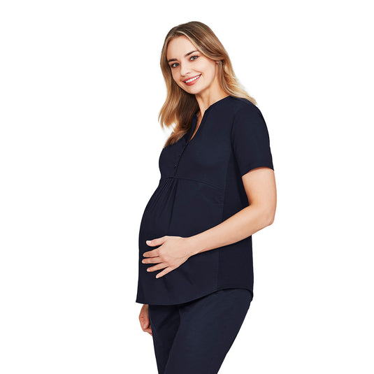 Biz Womens Rose Tunic Scrub Top, designed for healthcare, features side stretch panels and a longer hem for comfort, usable as maternity or relaxed fit, crafted with antibacterial, cotton-rich fabric for durability.
